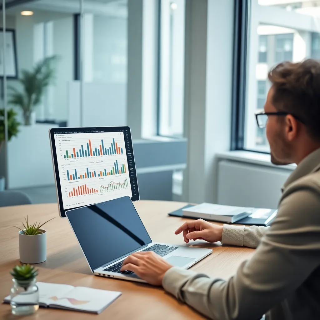 Professional met laptop die data analyseert in een modern kantoor