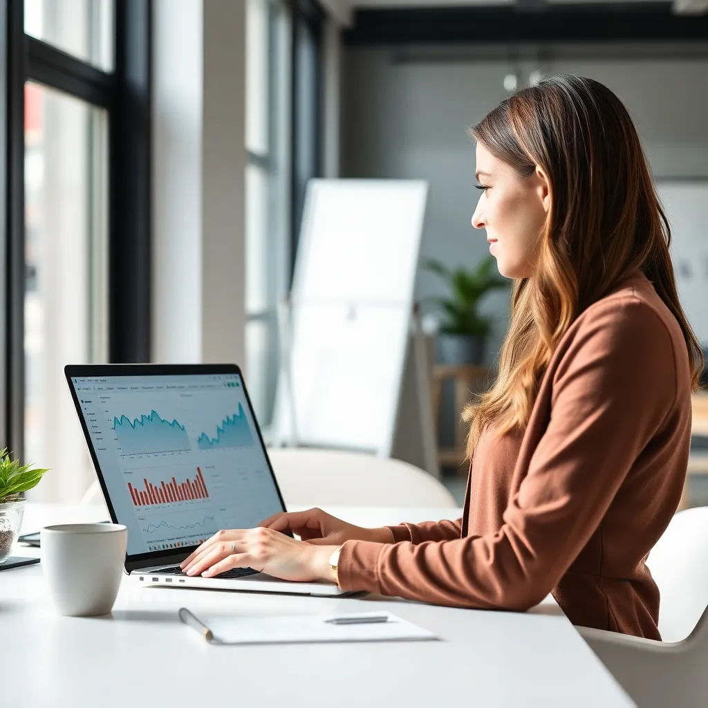 Professional met laptop die data analyseert in een modern kantoor